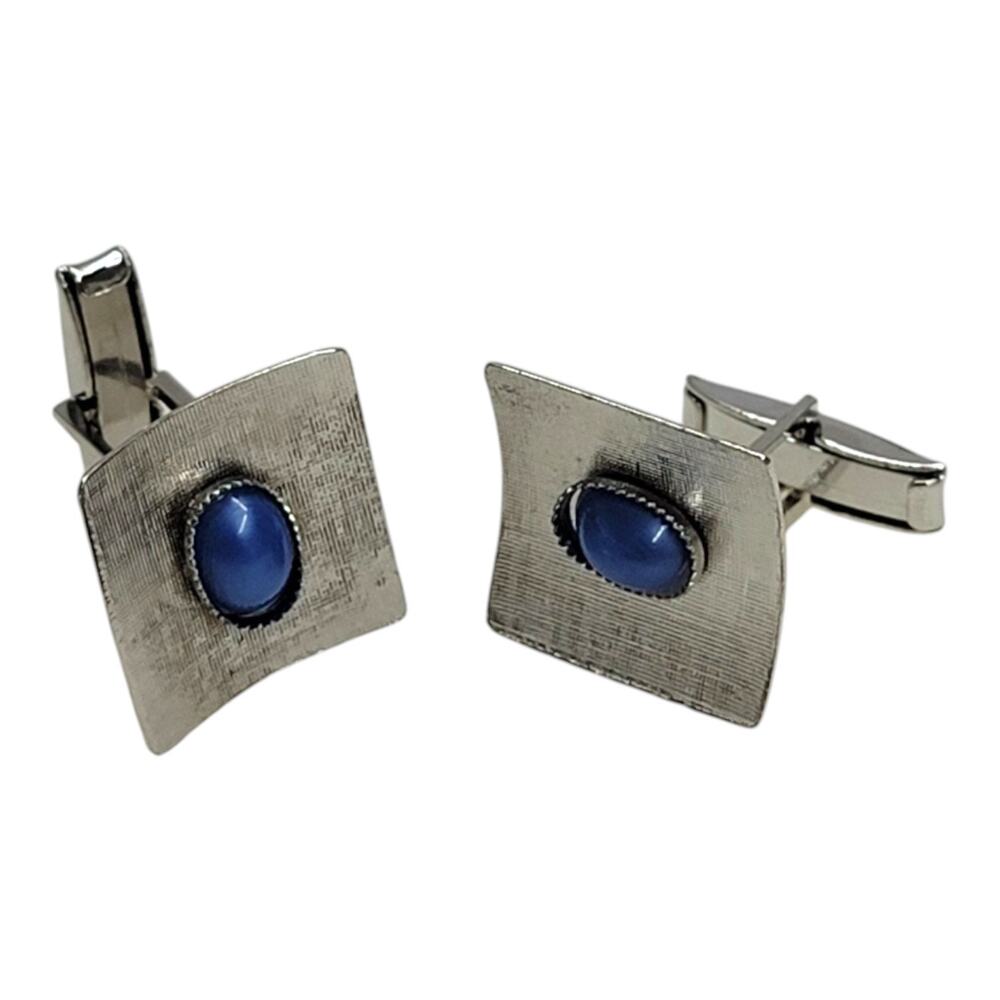 Vintage Mid Century Blue Cats Eye Textured Silver Tone Mens Formal Cufflinks